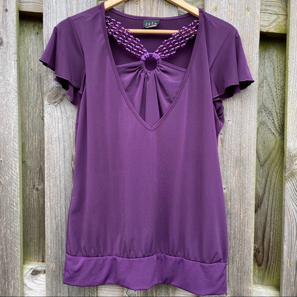 Retro JKLA purple Crochet beaded Ring necklace blouse short sleeve top L…
